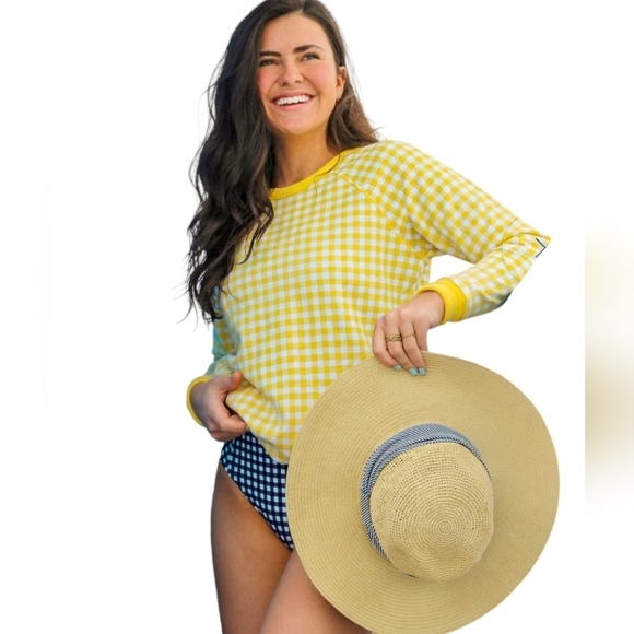 Draper James yellow white Natalie sweatshirt Gingham print Casual Lounge - Picture 2 of 10
